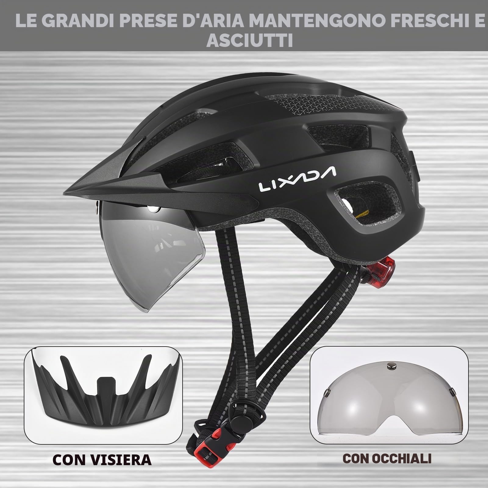Lixada Casco da bicicletta con luce, 54-62 cm, speciale casco da bicicletta da donna, uomo, bambino, con visiera, pieghevole e posteriore per uomo e donna