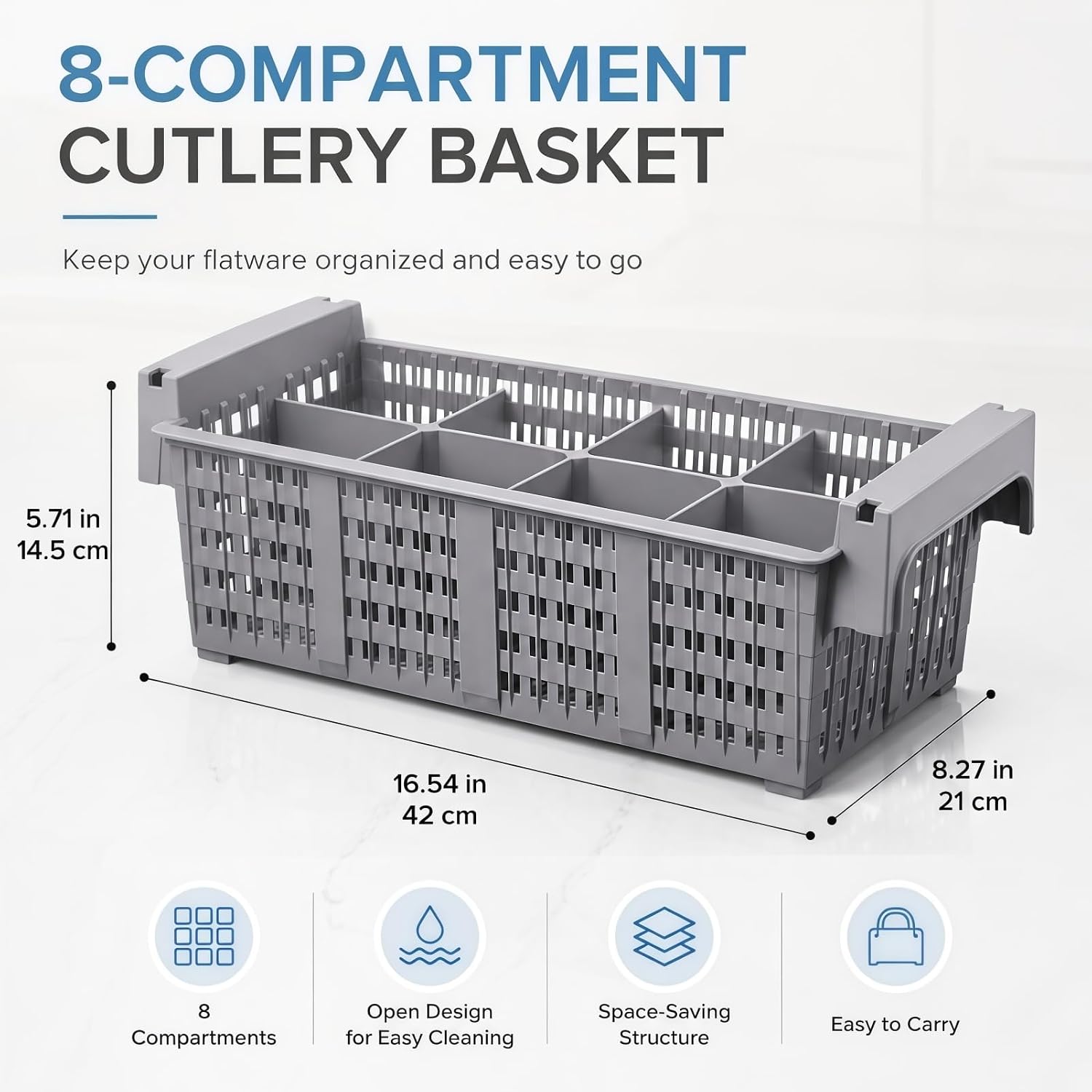 16 Inch Dishwasher Silverware Cutlery Basket With Handle, 8-Compartment Cutlery Holder, Commercial Grade PP Rack For Kitchen, Restaurant, Bar, Dishwasher & Sink Safe(Grey)