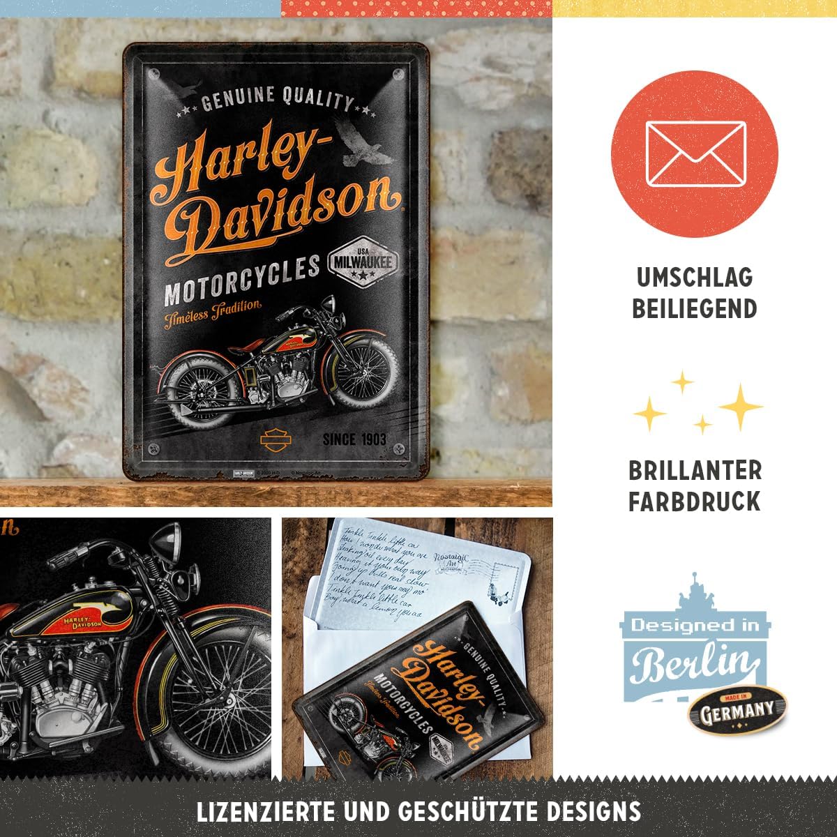 Nostalgic-Art Retro Tin Postcard, 10 x 14 cm, Harley-Davidson - Timeless Tradition - Gift Idea for Bikers, Metal Postcard, Mini Tin Sign as Greeting Card