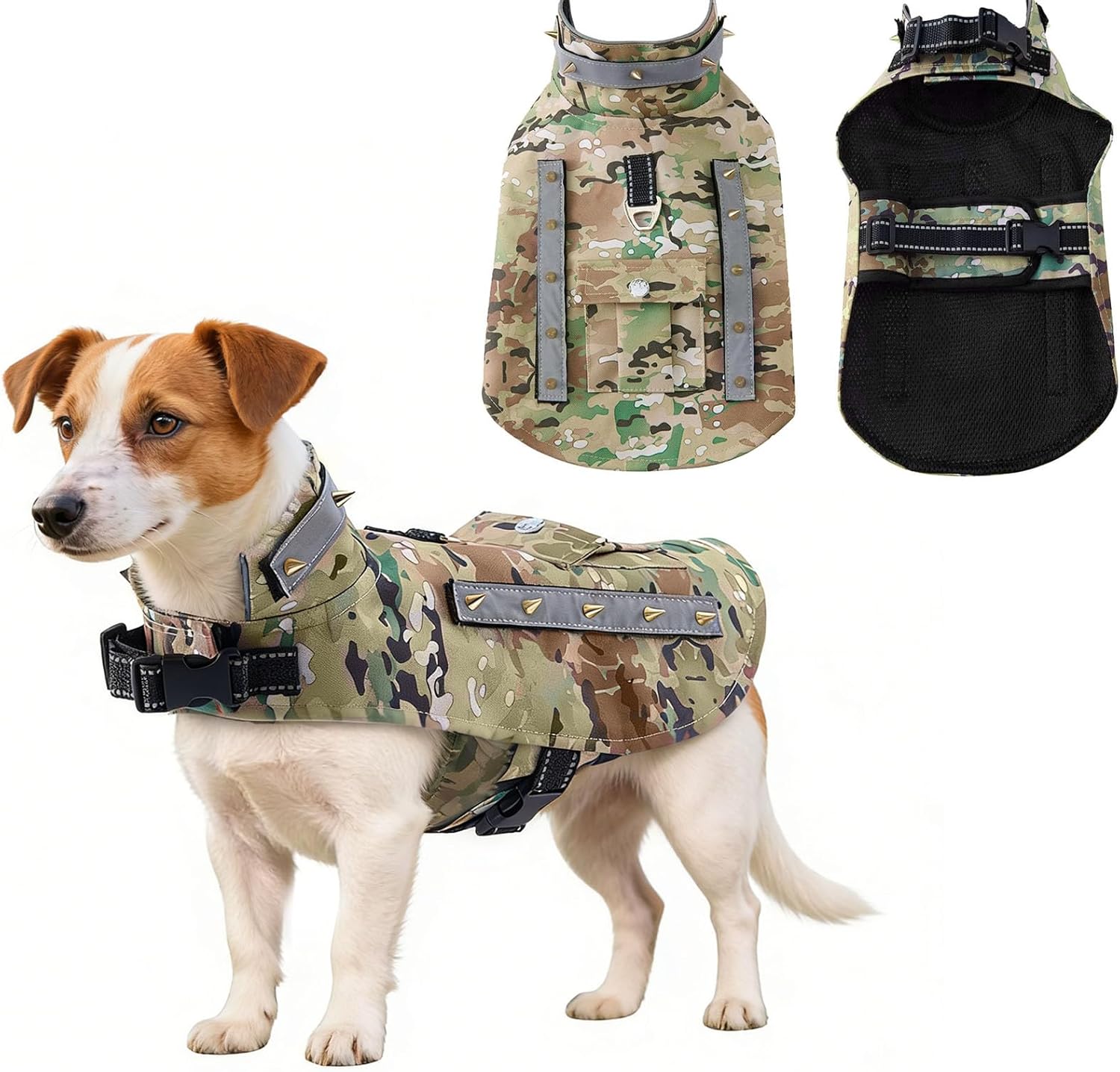 Spiked Small Dog Vest,Reflective Dog Harness Vest with Removable Spikes, Anti-Bite & Predator Protective Tactical Dog Jacket with D-Ring & Breathable Linings Green S