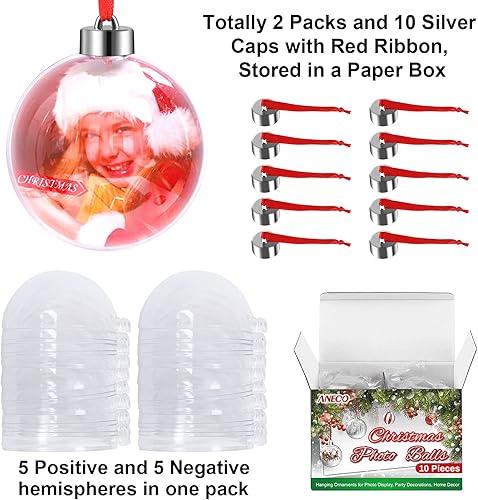 Miniatura 4 de Aneco 10 adornos acrílicos transparentes para fotos, bola de Navidad de 3.150 in, adornos colgantes con tapa plateada y cordón rojo para exhibición