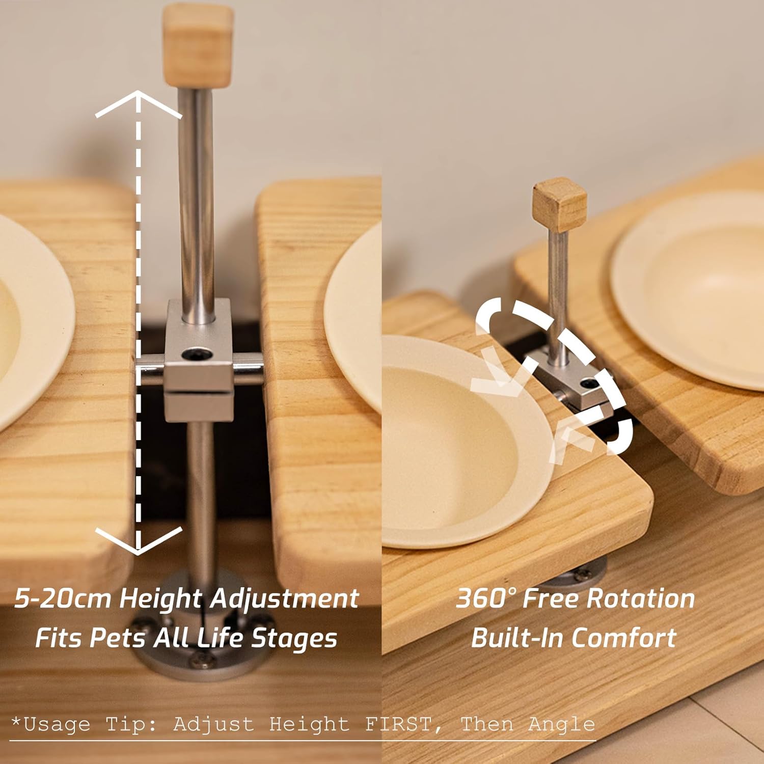 Adjustable Elevated Pet Food Stand - Raised Wooden Cat Bowls & Dog Bowls Holder with Ceramic Dishes for Small Puppy & Kitten, Non-Slip 2-8'' Height Rotatable Platform, Cat Gift (WH-WH)