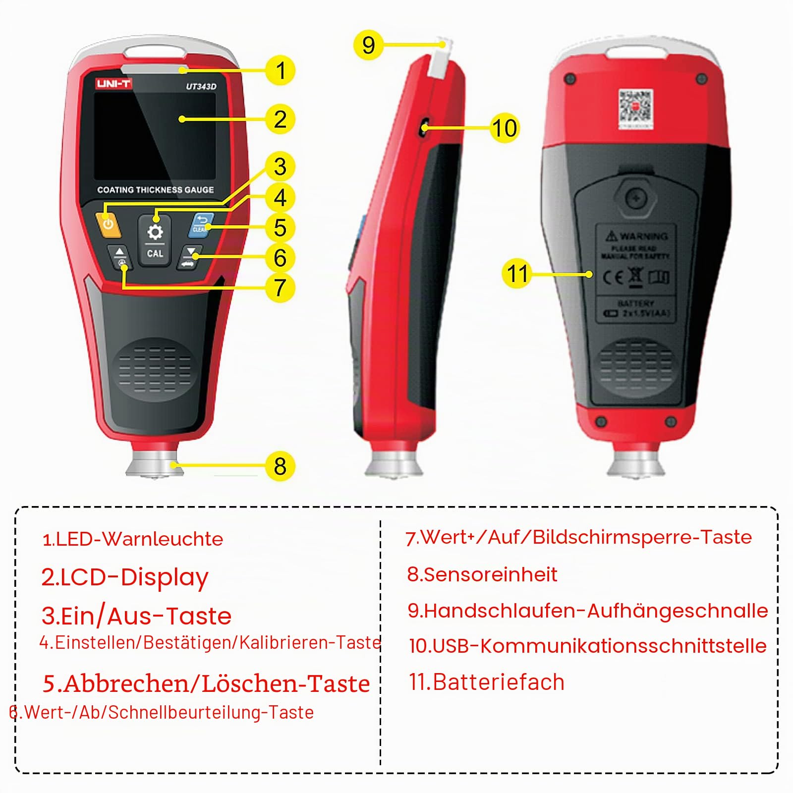 UNI-T UT343D Digitales Schichtdickenmessgerät Messgerät Messbereich 0 bis 1250 um mit USB-Datenfunktion