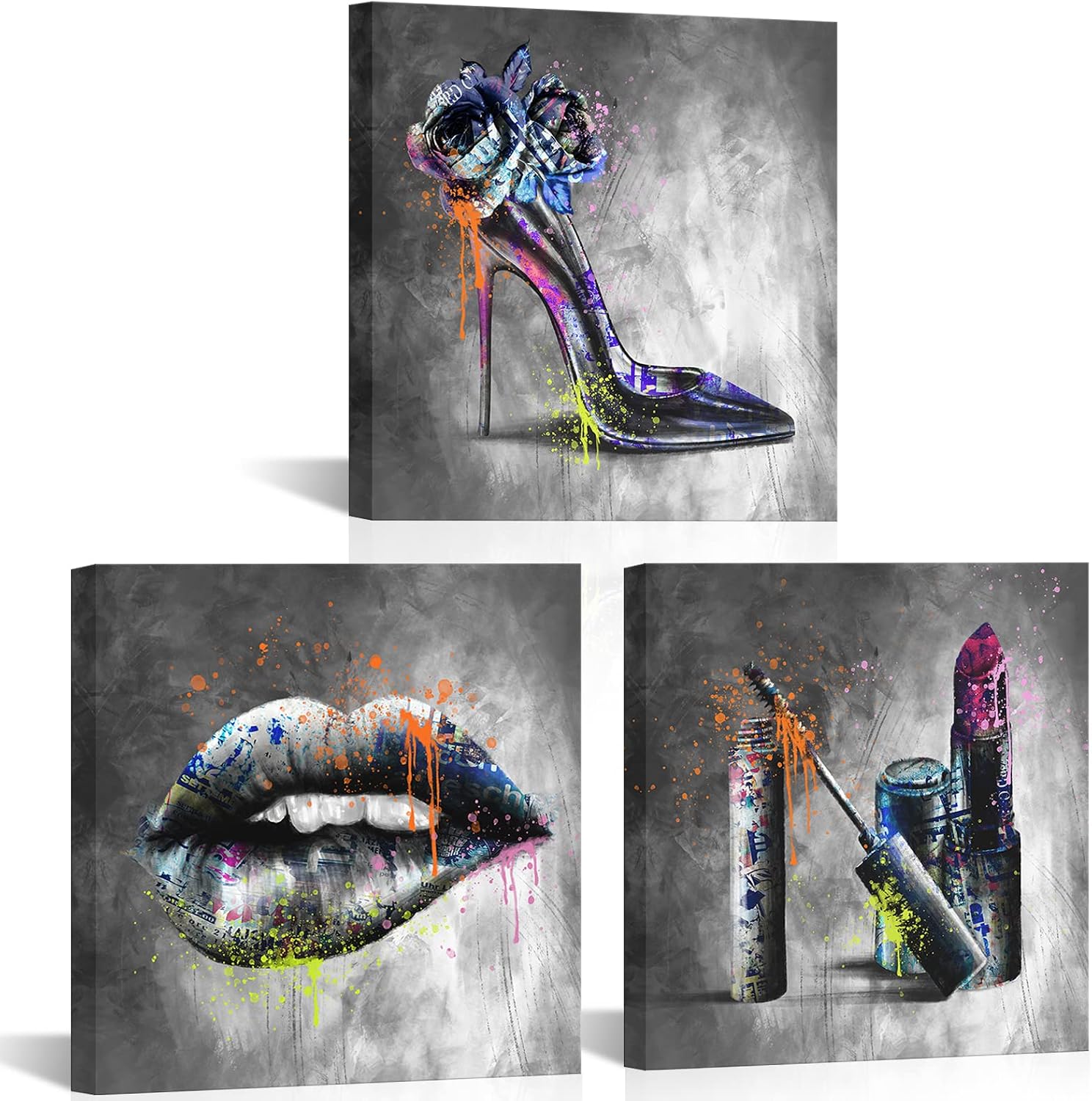 VANSEEING 3 Pieces Makeup Picture Wall Decor Beauty Salon Fashion Canvas Wall Art High Heels Lips and Lipstick Painting Print Artworks for Bedroom 12x12inchx3pcs