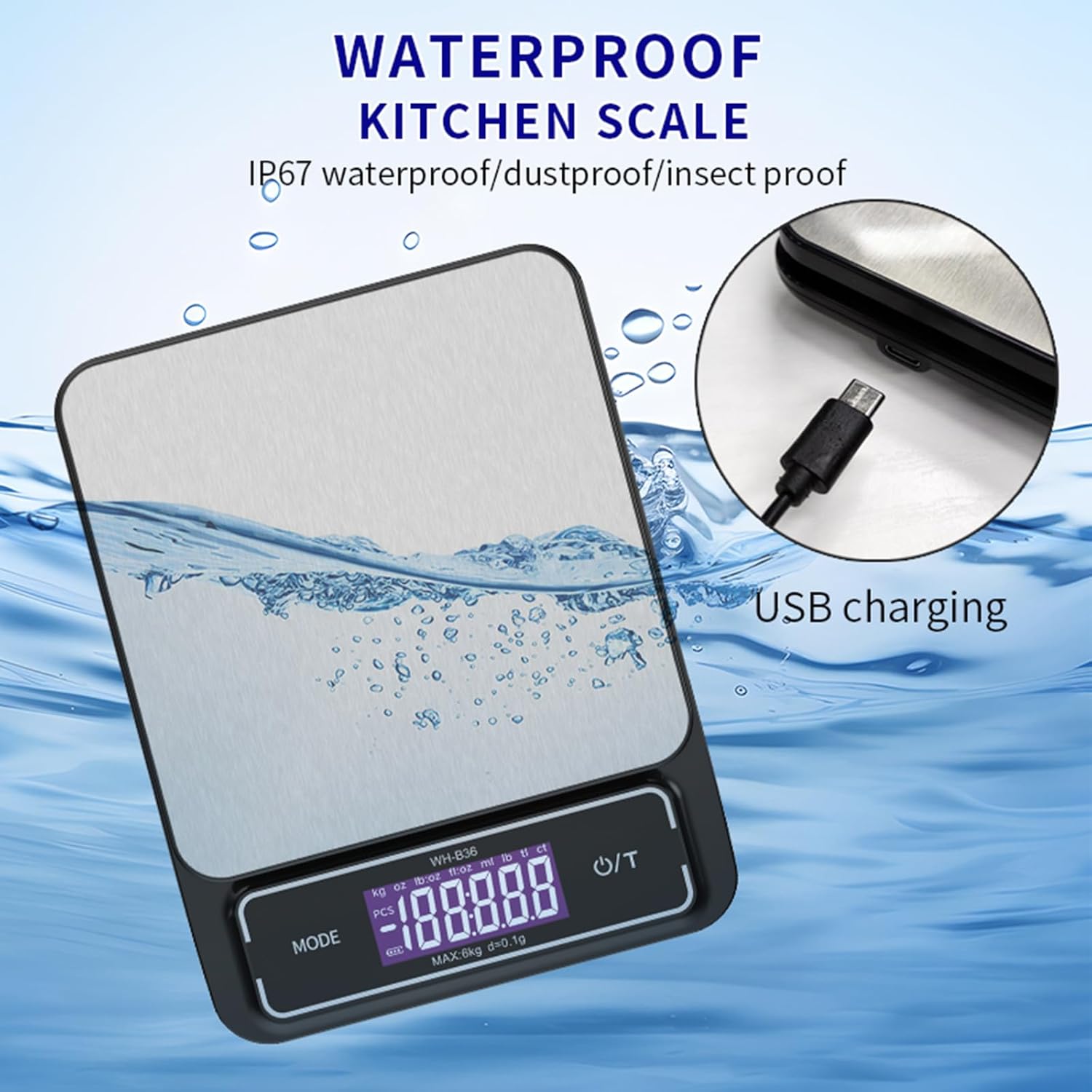 6KG/10KG Digital Food Scale Rechargeable Electronic LED Backlit Display Weight Multifunctional Rechargeable Kitchen Scale