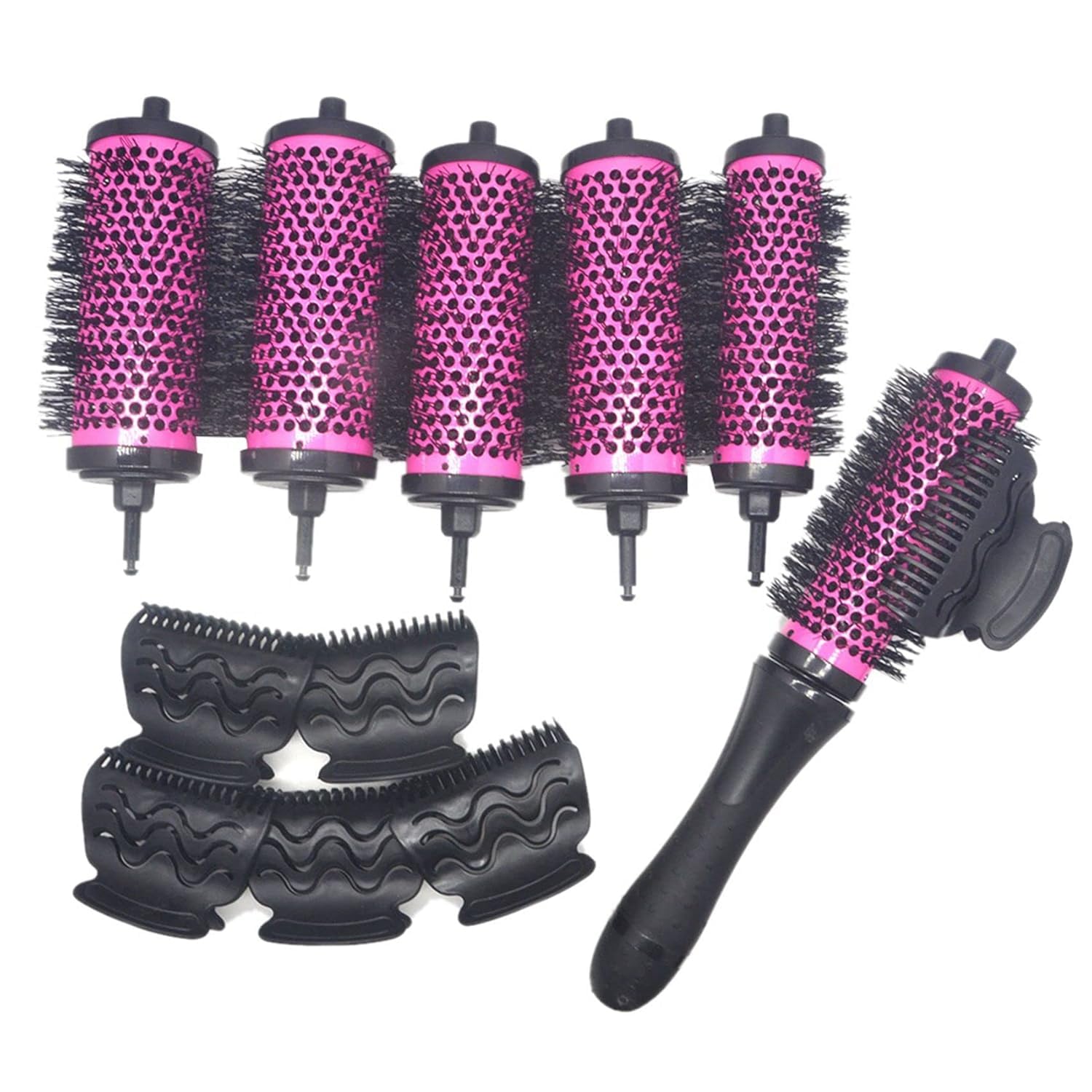 6pcs/set Detachable Handle Hair Roller Brush with Positioning Clips Aluminum Ceramic Barrel Curler Comb for Fine, Thick Hair - Pink