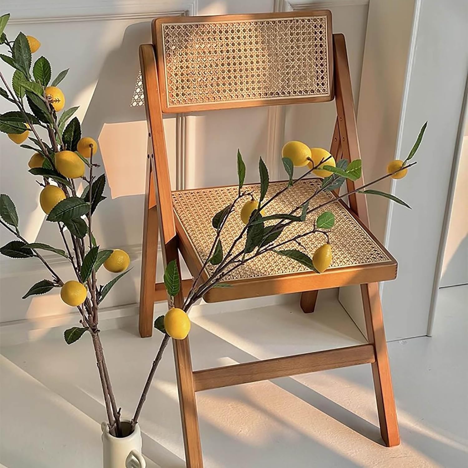 Modern Wooden Rattan Folding Dining Chairs Portable Mid Century Event with Solid Wooden Frame(C)