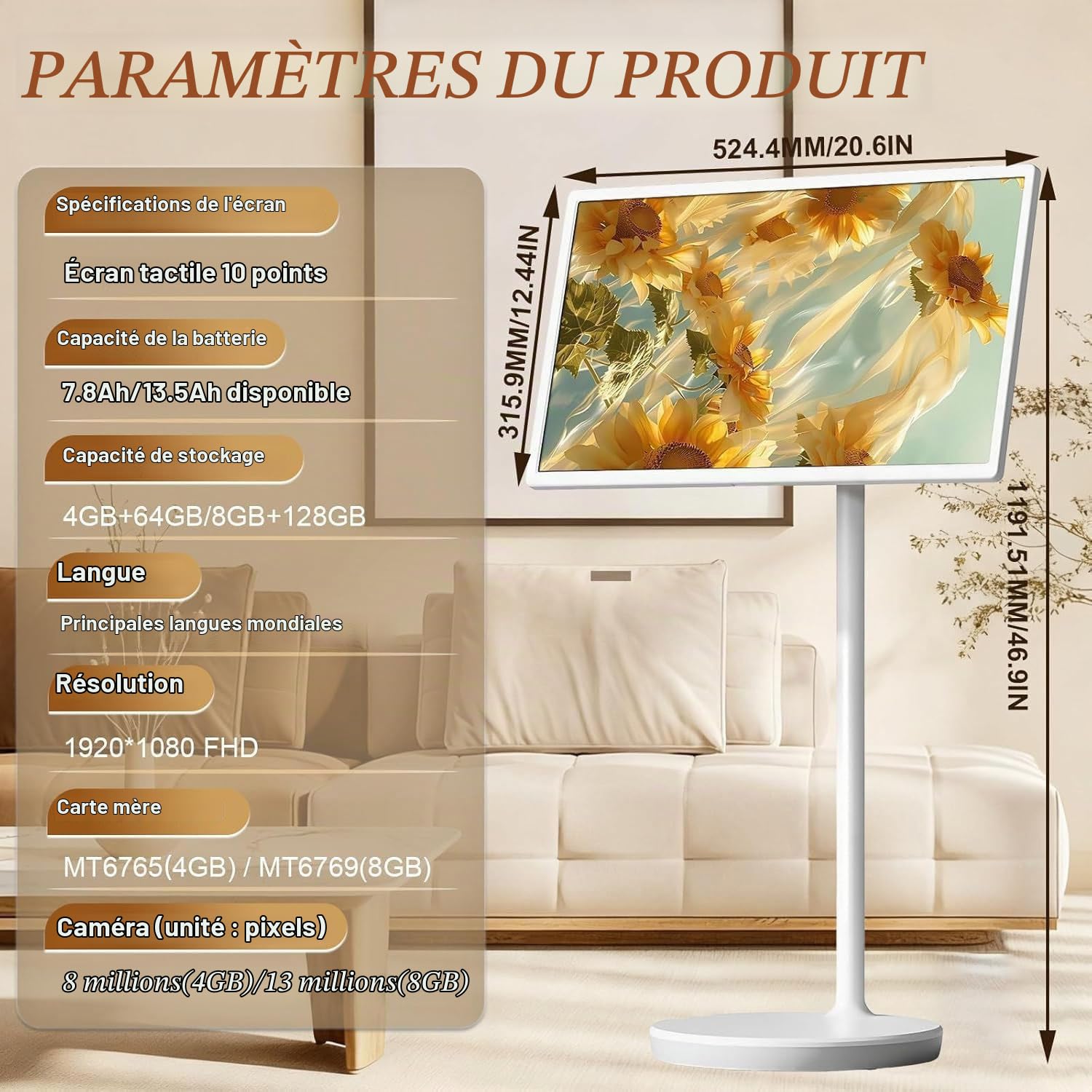 Téléviseur intelligent portable avec écran tactile,résolution 1080p,sur roulettes,pied de sol réglable et rotatif à 360°,batterie intégrée de 8 heures,Système d'exploitation Android 13 21.5in-8G128G