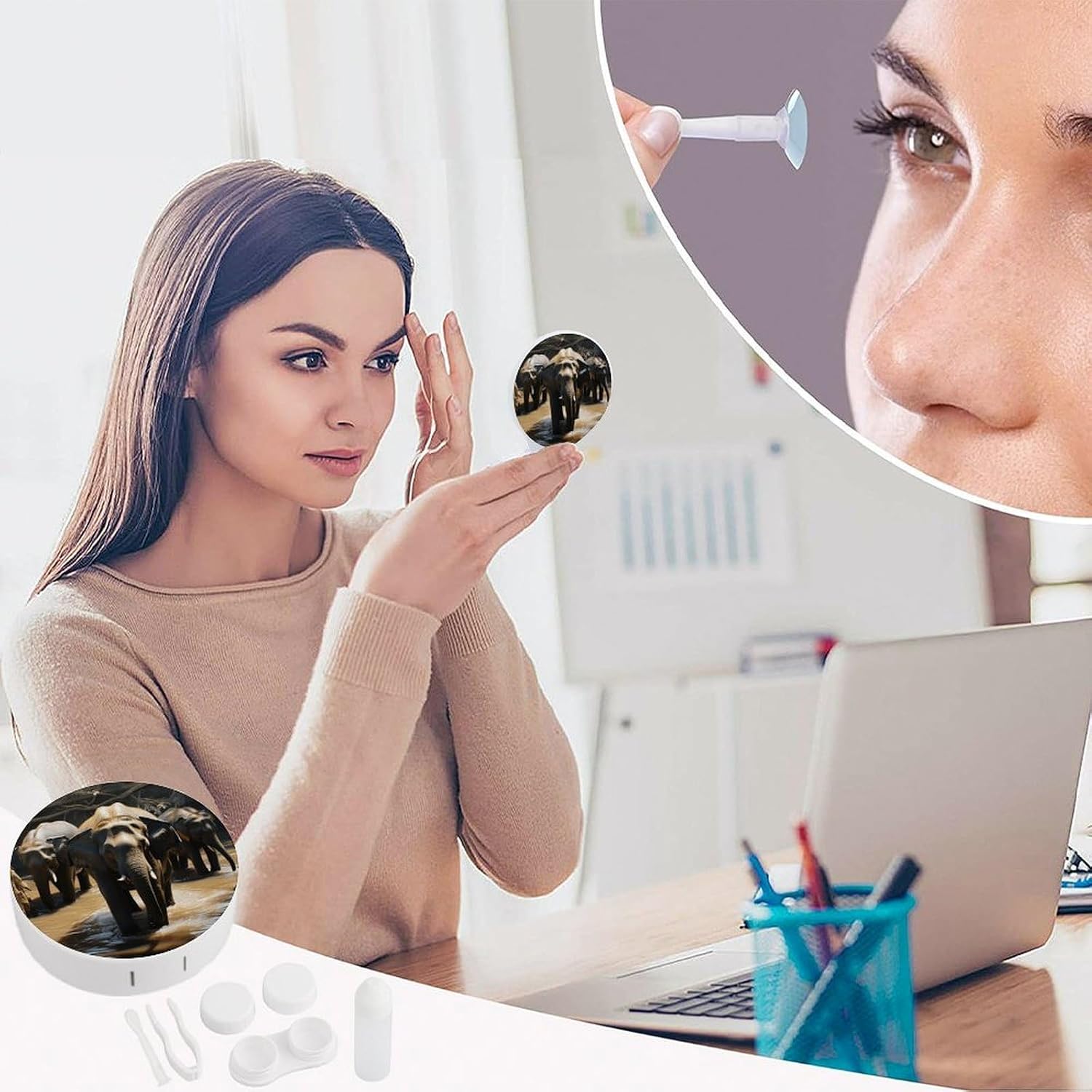 Elephant Drinking Water Contact Lens Case Portable, Eyeglasses Case with Built-in Mirror, Contact Lens Box with Tweezers And Solution Bottle for Daily Outdoor (Round)