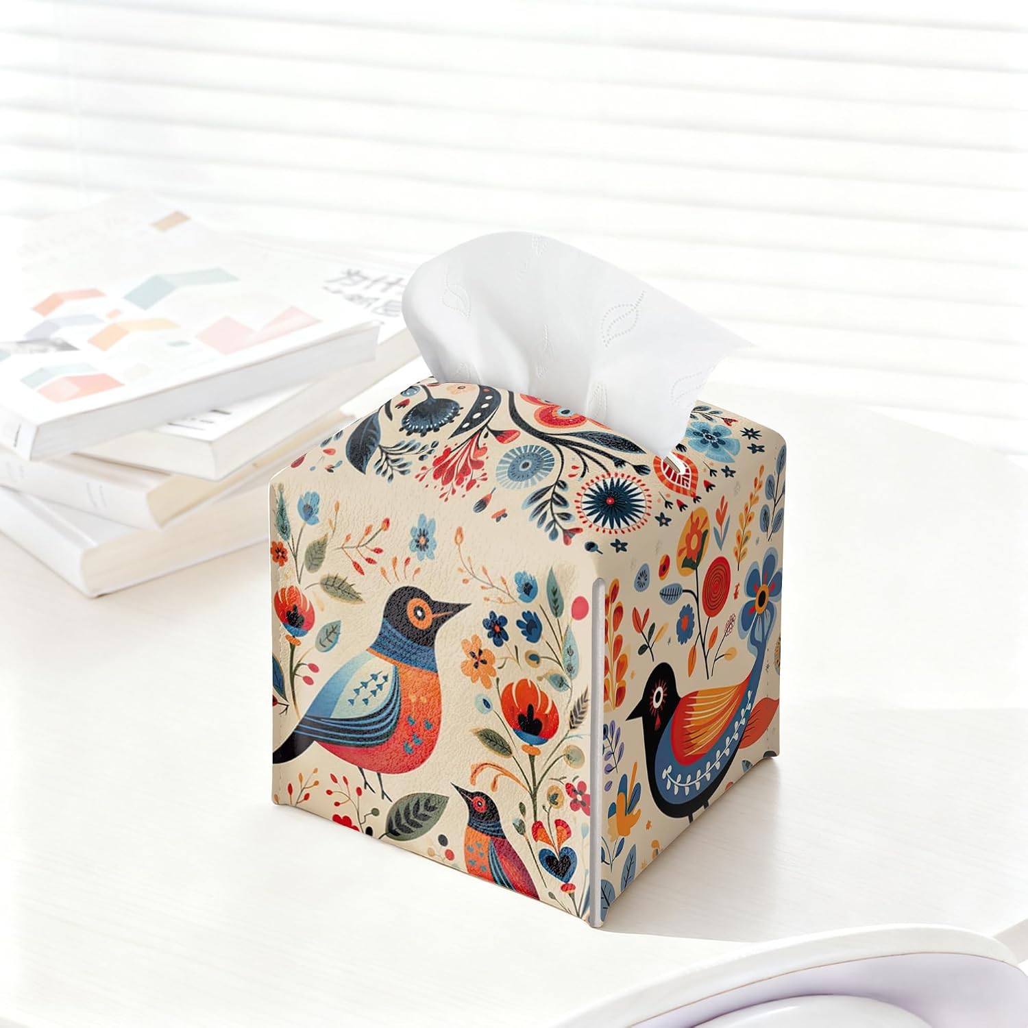 Scandinavian Tissue Box Holder, Floral Bird Leather Tissue Box Cover Square, Paper Napkins Everyday Dispenser for Bathroom Vanity Countertop Night Stands Kitchen Office Car Home Decor