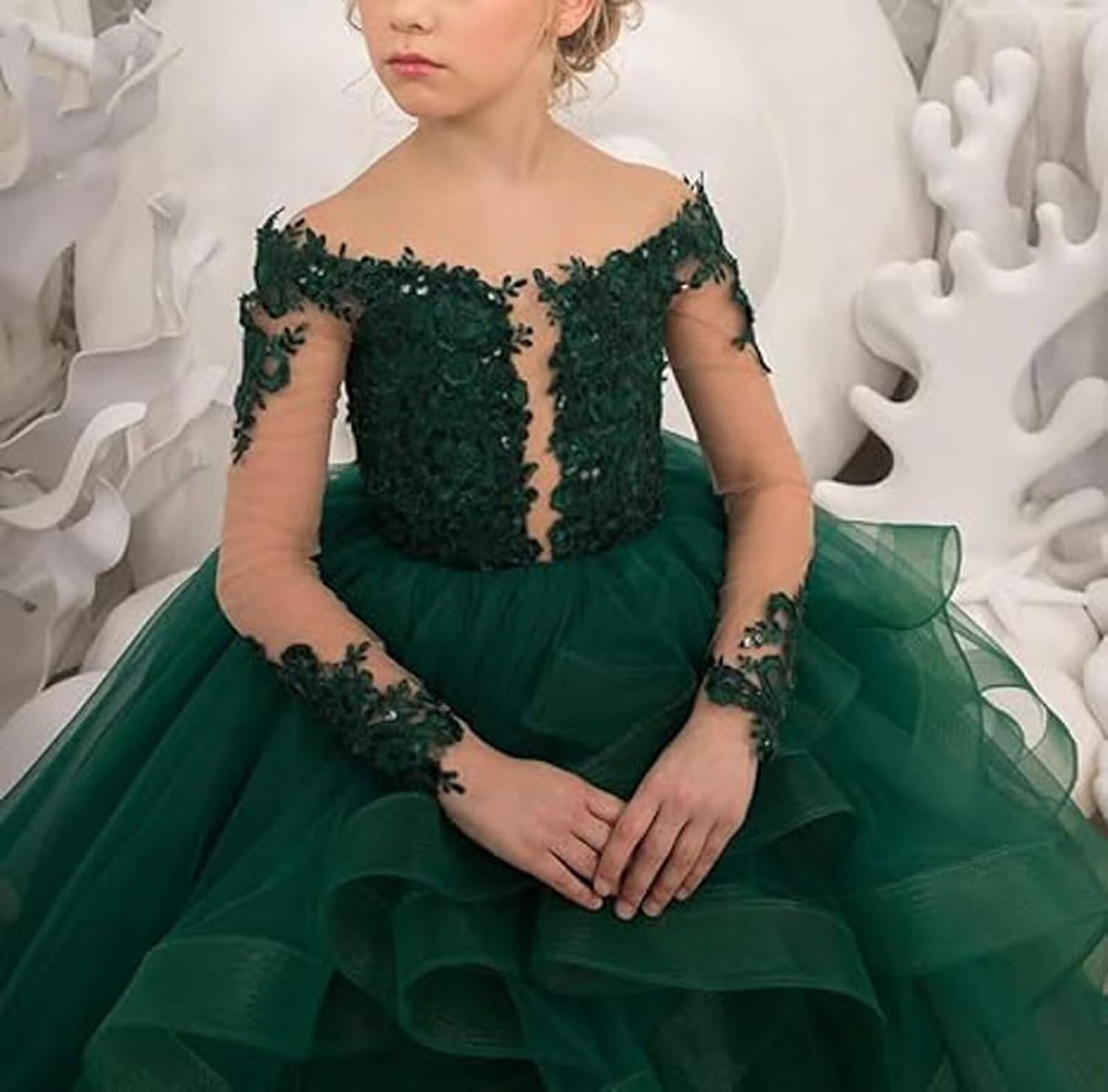 Flower Girl Dresses for Wedding Long Sleeve Tulle Tiered Princess Pageant Dresses for Girls Ruffles Prom Ball Gown - Image 4