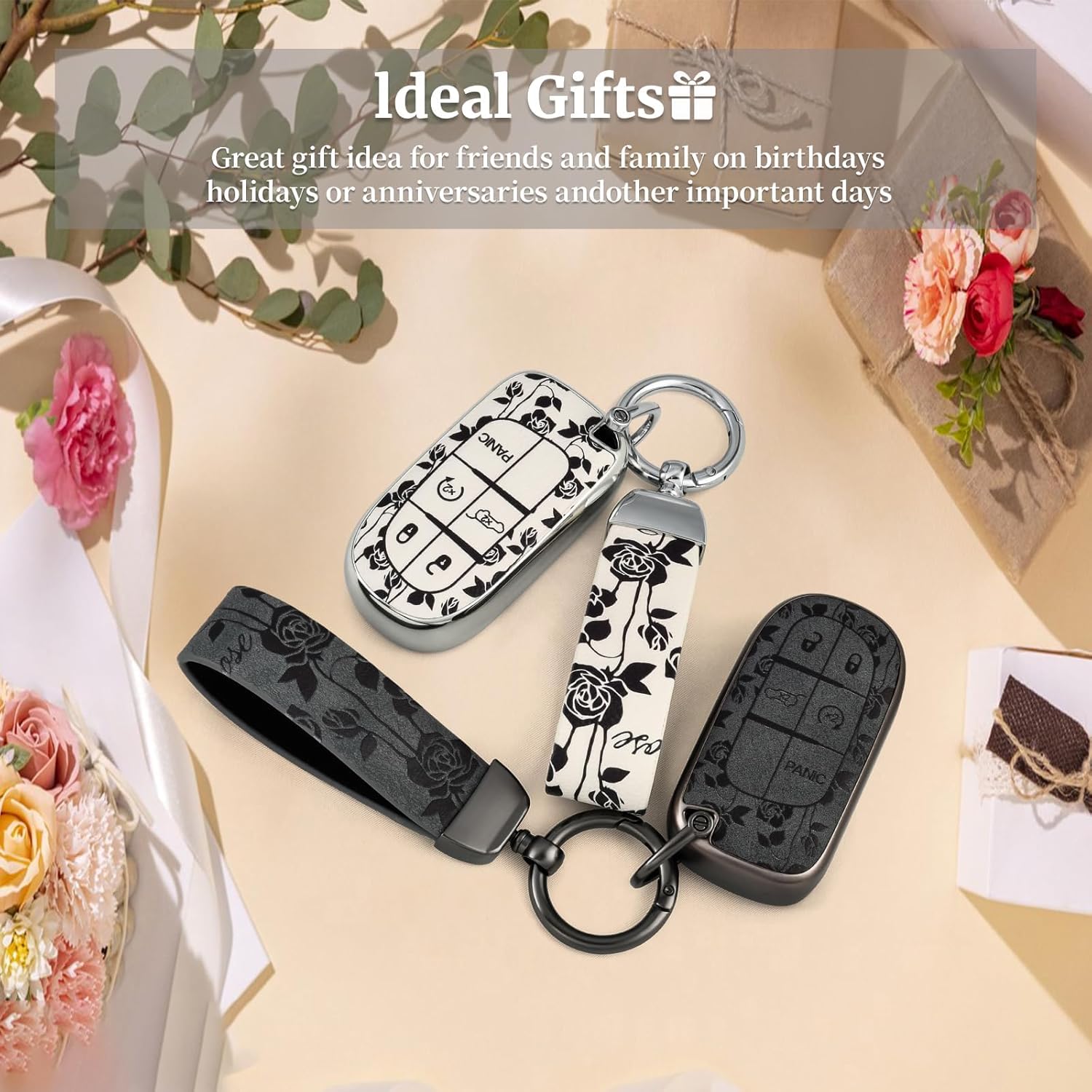 TPU and Leather Key Fob Cover Full Protection Suitable for Dodge,Key Cover Case for Jeep Grand Cherokee Renegade Compass 3 4 5 Buttons Smart Key Car Accessories Holder Protector (Black Rose)