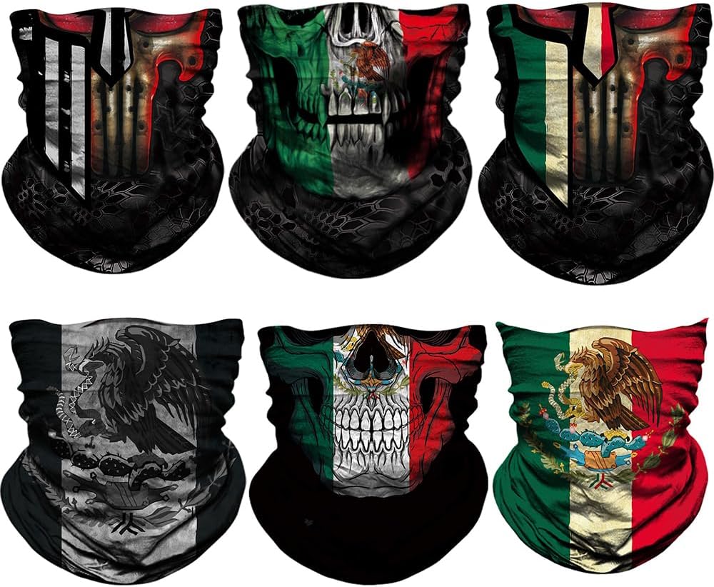 6Pcs Mexican Flag Series Magic Headwear Neck Gaiter Tube Skull Face Scarf Headbands Bandana Balaclava For Women Men