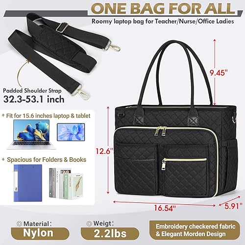 Miniatura 5 de RAINSMORE Bolsa de mano para profesores, bolsa de computadora portátil de 15.6 pulgadas para mujer, bolsas de trabajo, bolsa de enfermera, bolsa