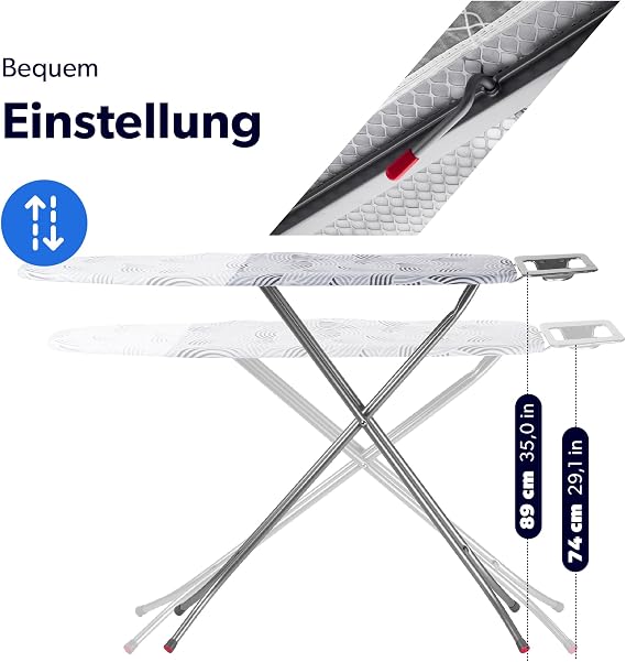 Kadax Large Ironing Board 114 x 34 cm - Sturdy Ironing Board for Steam Ironing Station Foldable Height Adjustable with Metal Mesh and Iron Rest Made in EU