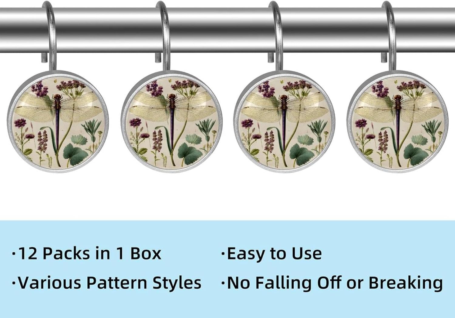 12PCS Purple Dragonfly Antique Botanical Wildf (5) Shower Curtain Hooks Metal Rust Resistant Decorative Shower Curtain Hooks Bathroom Decorations