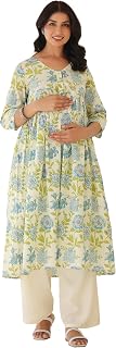 Janasya Women's Off White Pure Cotton Floral Printed A-line Maternity Kurta Price In India