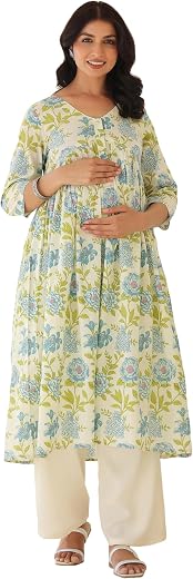 Janasya Women's Off White Pure Cotton Floral Printed A-line Maternity Kurta