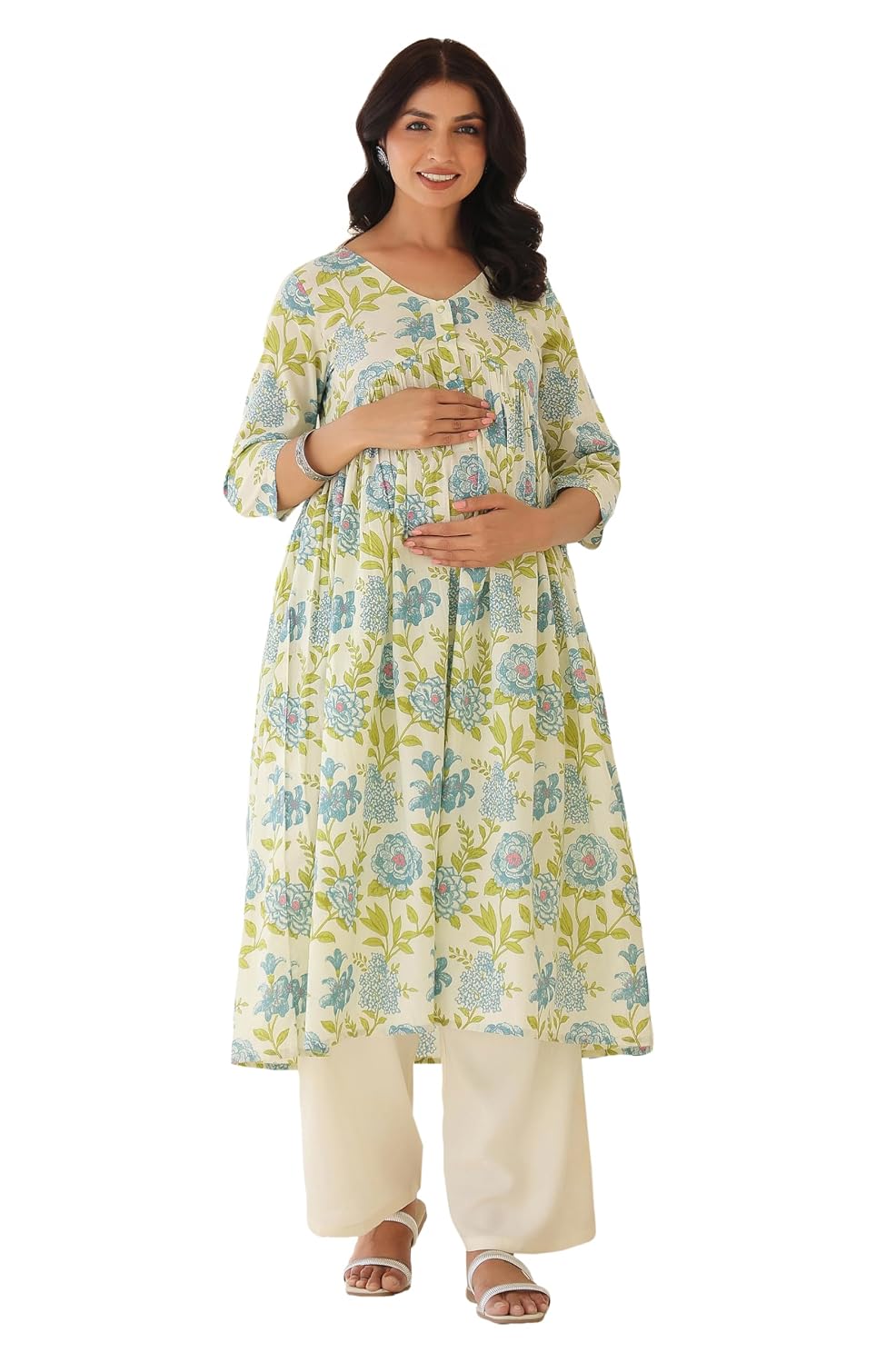 Janasya Women's Off White Pure Cotton Floral Printed A-line Maternity Kurta