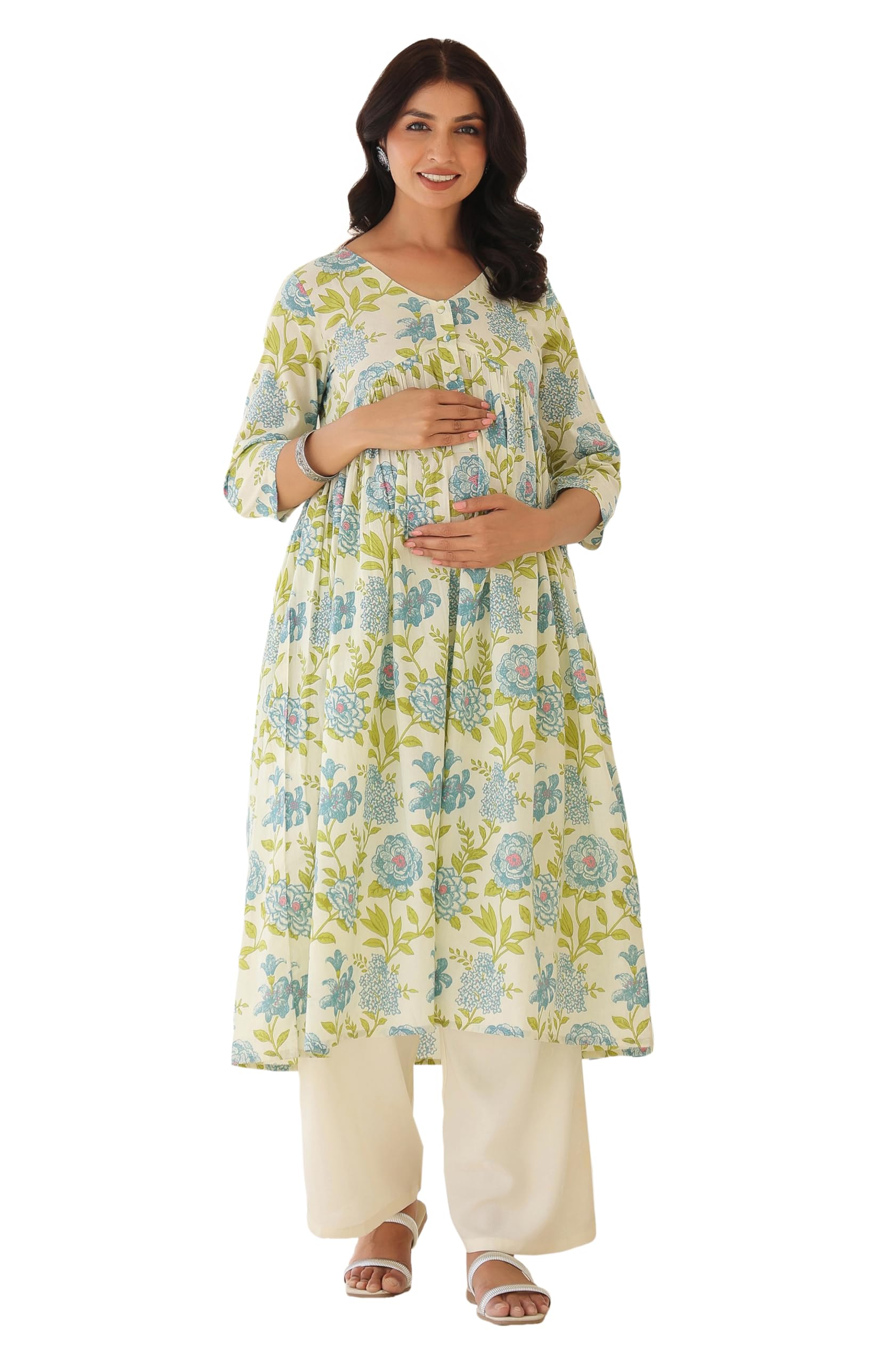 janasya Women's Off White Pure Cotton Floral Printed A-line Maternity Kurta-picture-39