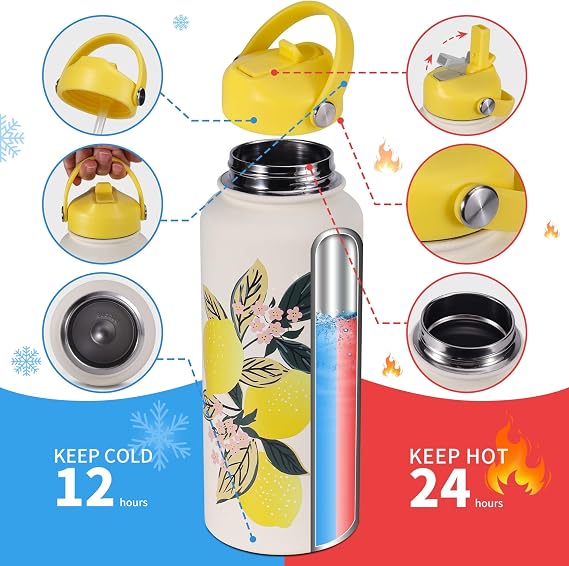Goetland Flowers Water Bottle 1l Beverage Bottle with Straw Lid Stainless Steel Wide Mouth Vacuum Insulated Cute UV Printing Leak Proof for Women Girls Kids Lemon