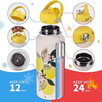 Goetland Flowers Water Bottle 1l Beverage Bottle with Straw Lid Stainless Steel Wide Mouth Vacuum Insulated Cute UV Printing Leak Proof for Women Girls Kids Lemon
