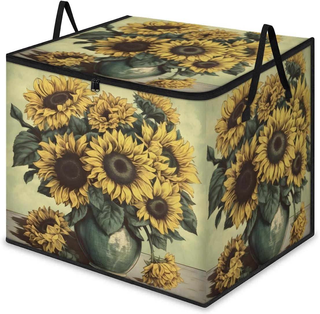 Honeybaby 214L Extra Large Comforter Storage Bag Sunflower Vase Summer Storage Totes with Lids Waterproof Closet Organizer Folding Blanket Storage Bags for Clothes Bedding Pillows