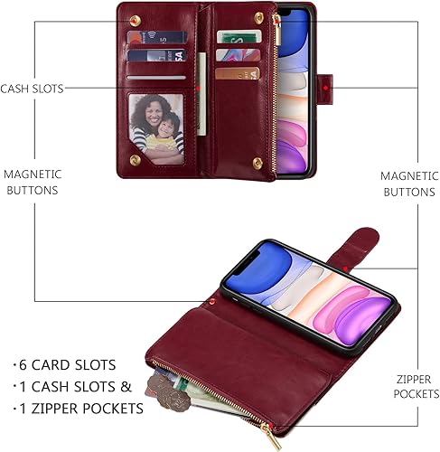 Miniatura 2 de UEEBAI Funda tipo cartera para iPhone 11 de 6.1 pulgadas, piel sintética con cierre magnético, funda de bolsillo con cremallera, ranuras para