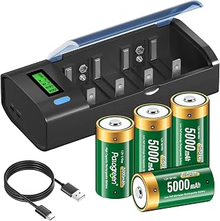 Baby C Akku mit Universal Ladegerät für AA/AAA/C/D 9V NI-MH Akkus, 4 Stück 5000mAh Wiederaufladbare C Batterien Akkus mit Type C Input LCD Anzeige Batterienladegerät
