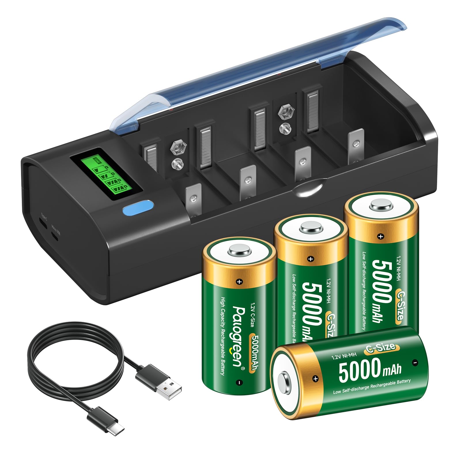 Baby C Akku mit Universal Ladegerät für AA/AAA/C/D 9V NI-MH Akkus, 4 Stück 5000mAh Wiederaufladbare C Batterien Akkus mit Type C Input LCD Anzeige Batterienladegerät
