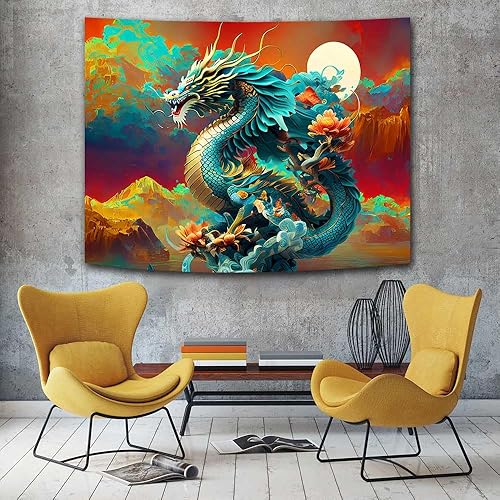 Miniatura 6 de Ine Ive Tapiz de dragón japonés para colgar en la pared, 40 x 30 pulgadas, decoración de pared de anime asiático, luna, nube, montañas brumosas,
