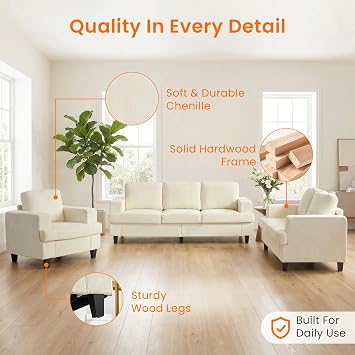 3 Piece Sofa Sets-3 Seater Sofa, Loveseat&Armchair,Chenille Fabric 3-Seat + 2-Seat Couch+ Single Accent Chair Furniture Sets for Living Room3+2+1 Sofa Sets,Beige