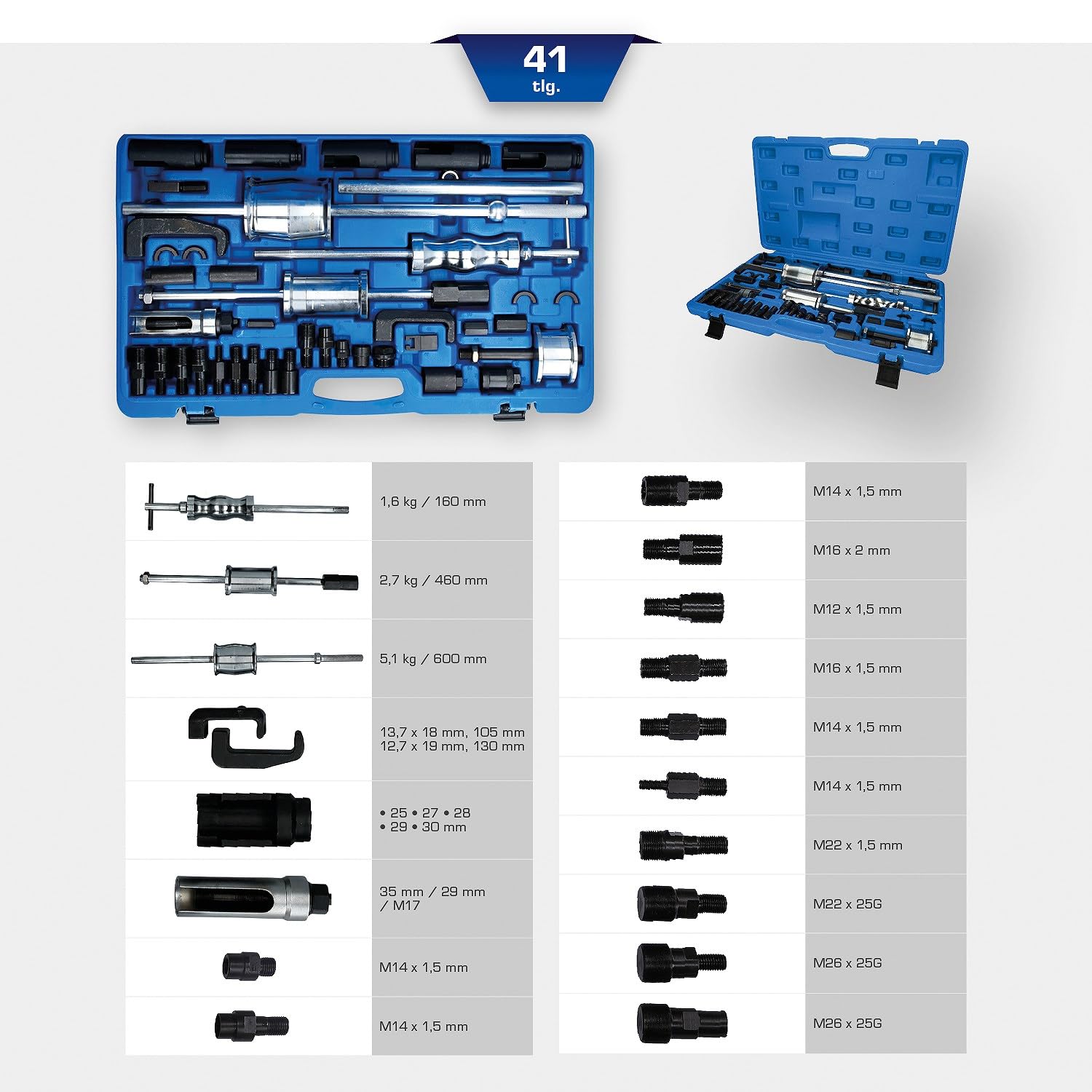 Jeu Extracteurs Injecteurs BT551010-41 Pièces pour Retirer Injecteur Diesel - pour les Réparations sur Injecteurs de Différentes Tailles - Extracteur à Percussion et Adaptateurs - BRILLIANT TOOLS