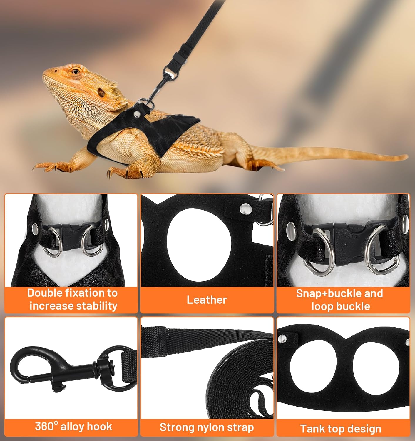 3 Pcs Bearded Dragon Leash and Harness Set, Black Bearded Dragon Harness Set image 3
