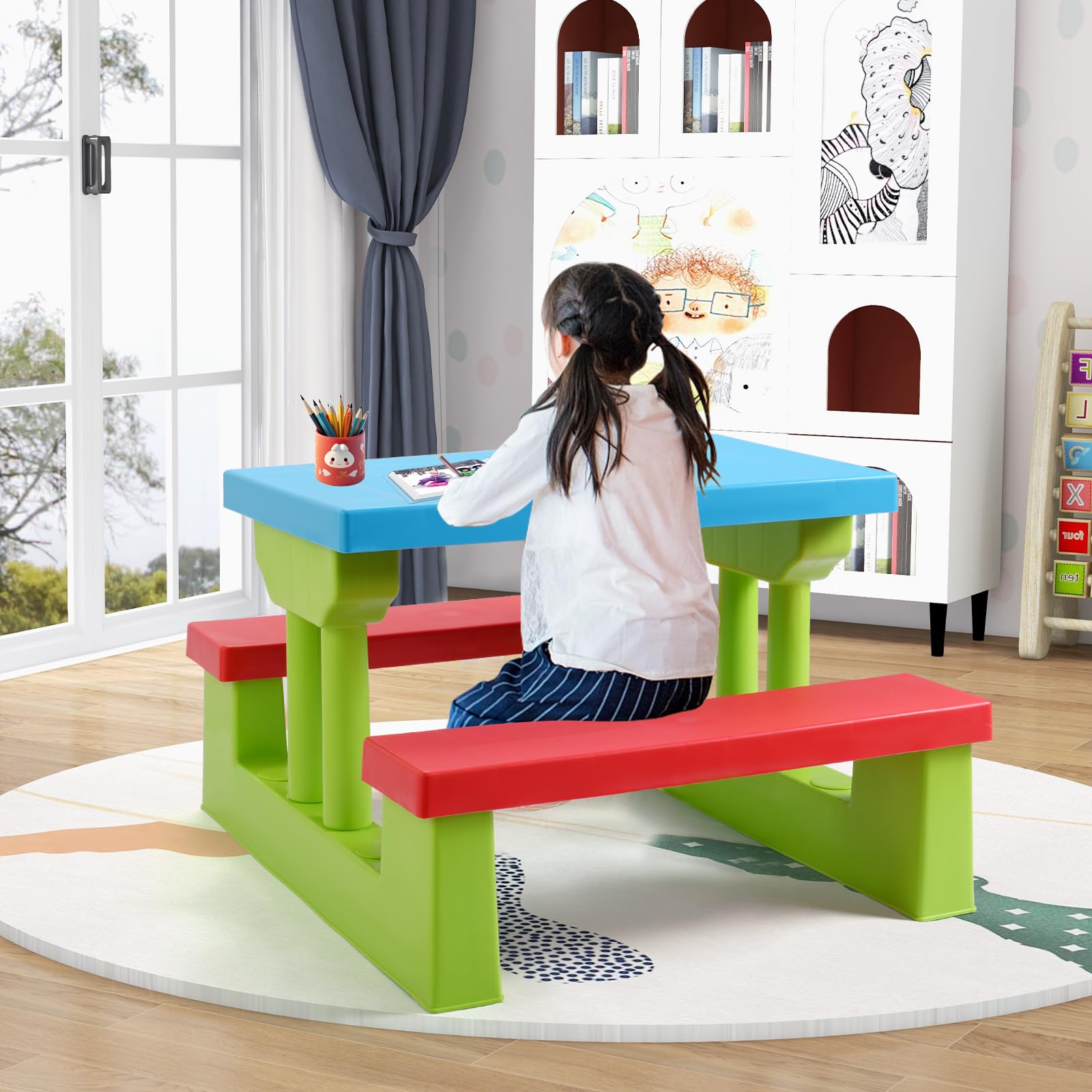 Ensemble de table de pique-nique pour enfants, banc de jardin et table avec parasol amovible, table de jeu pour enfants pour garçons et filles, jaune + bleu + rouge