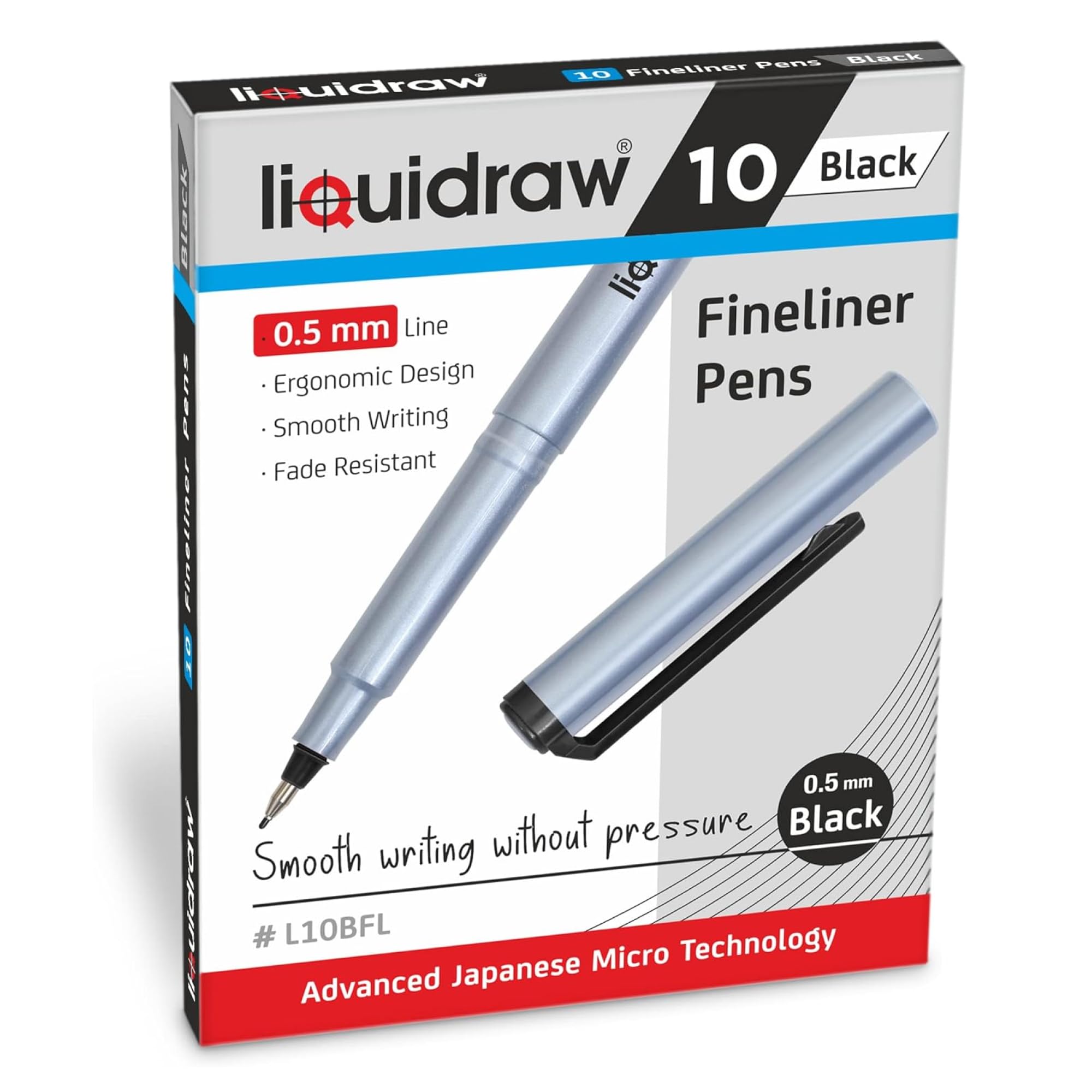 Liquidraw Black Fineliner Pens - 10 Set | Fine Point 0.5 mm Tip | Storage Wallet | Black Coloured Pens For Artists, Handwriting, Drawing, Calligraphy, Sketching | Ergonomic Design | Fade Resistant Ink