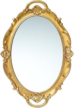 LONGWIN Vintage Oval Mirror for Wall Decor, Ornate Hanging Small Mirrors for Living Room/Bedroom, Perfume/Vanity Tray 10 x 14.5 Inch Gold