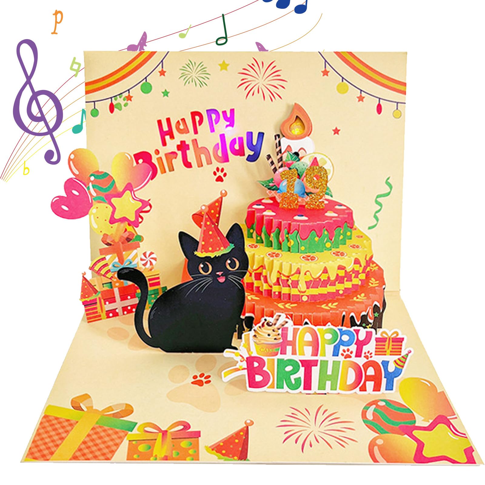 Musical Birthday Cards, Cat Pop Up Birthday Cards With Colourful Lights - View #3