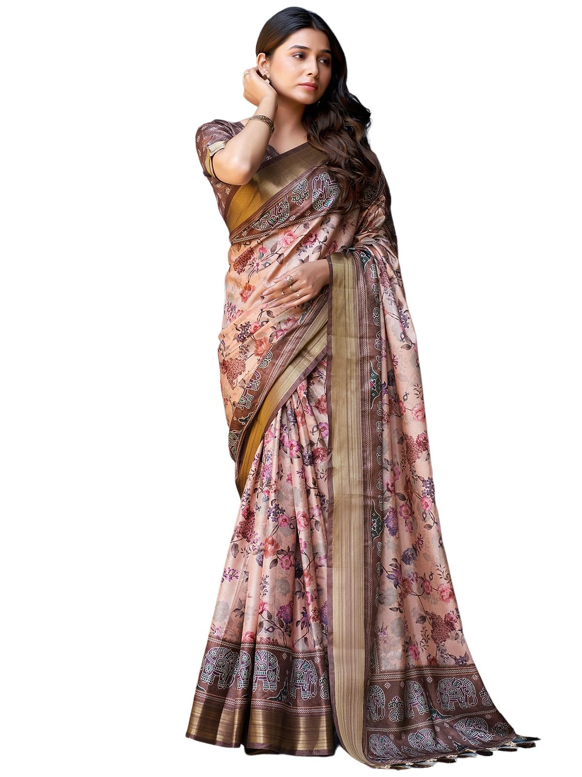 Satrani Women's Dola Silk Printed Weaving Border Saree With Unstitched Blouse Piece (4081S195N_Cream4)