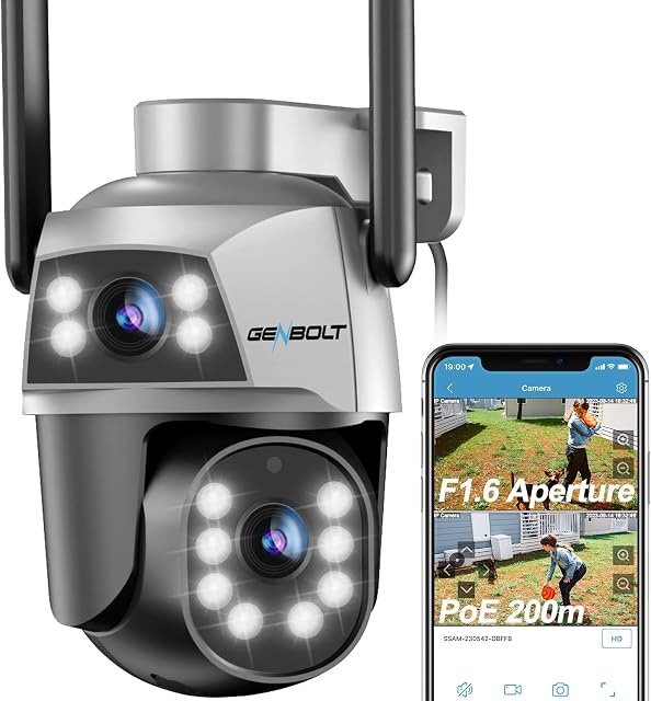 GENBOLT WiFi Security Camera Outdoor with PoE, Dual Lens Home Surveillance IP Camera CCTV with Color Night, Auto Tracking Human Detection Pan Tilt Digital Zoom Spotlight Camera