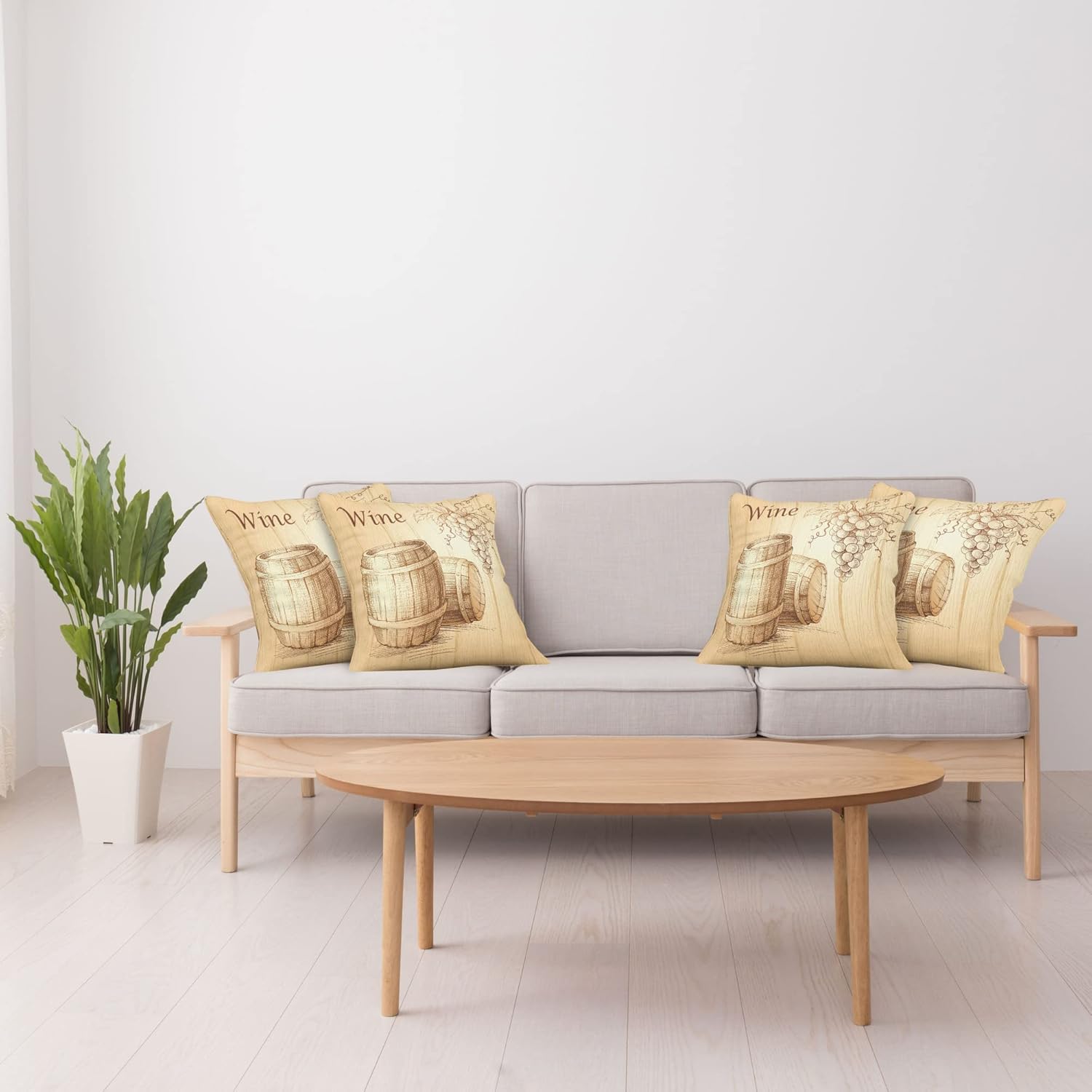 Ambesonne Wine Decorative Throw Pillow Case Pack of 4, Wooden Barrels and Bunch of Grapes on Wood Backdrop Botany Harvest Theme Artwork, Cushion Cover for Couch Living Room Car, 18", Brown Peach