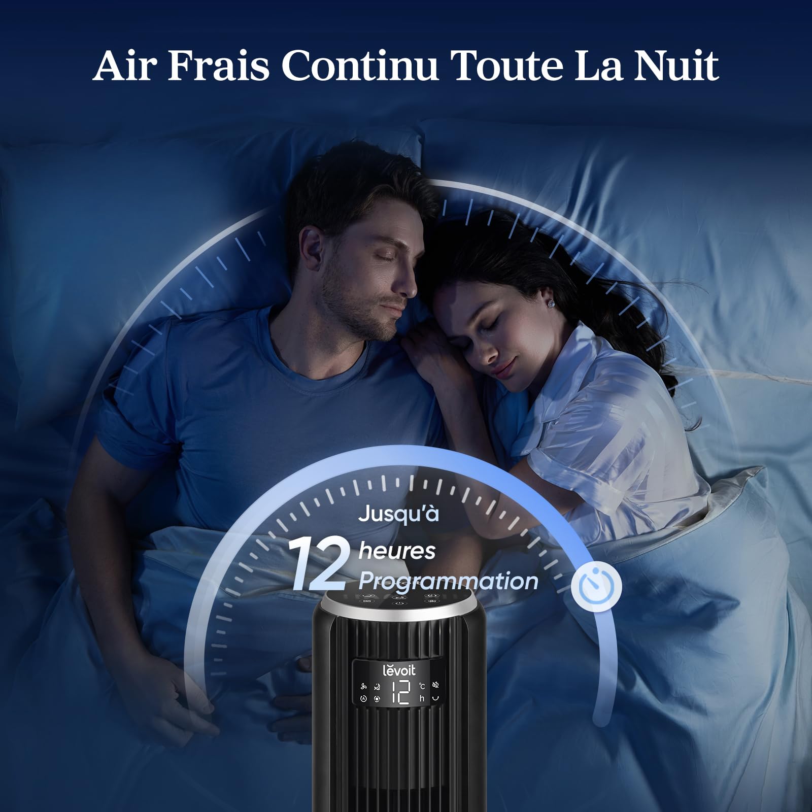 Levoit Ventilateur Colonne Silencieux 20 dB, Moteur DC, Refroidissement Puissant 7.9 m/s, 4 Modes 12 Vitesses, Mode Sommeil Avancé, Oscillation 90°, Télécommande, Minuterie 12 h, Noir, 92 cm