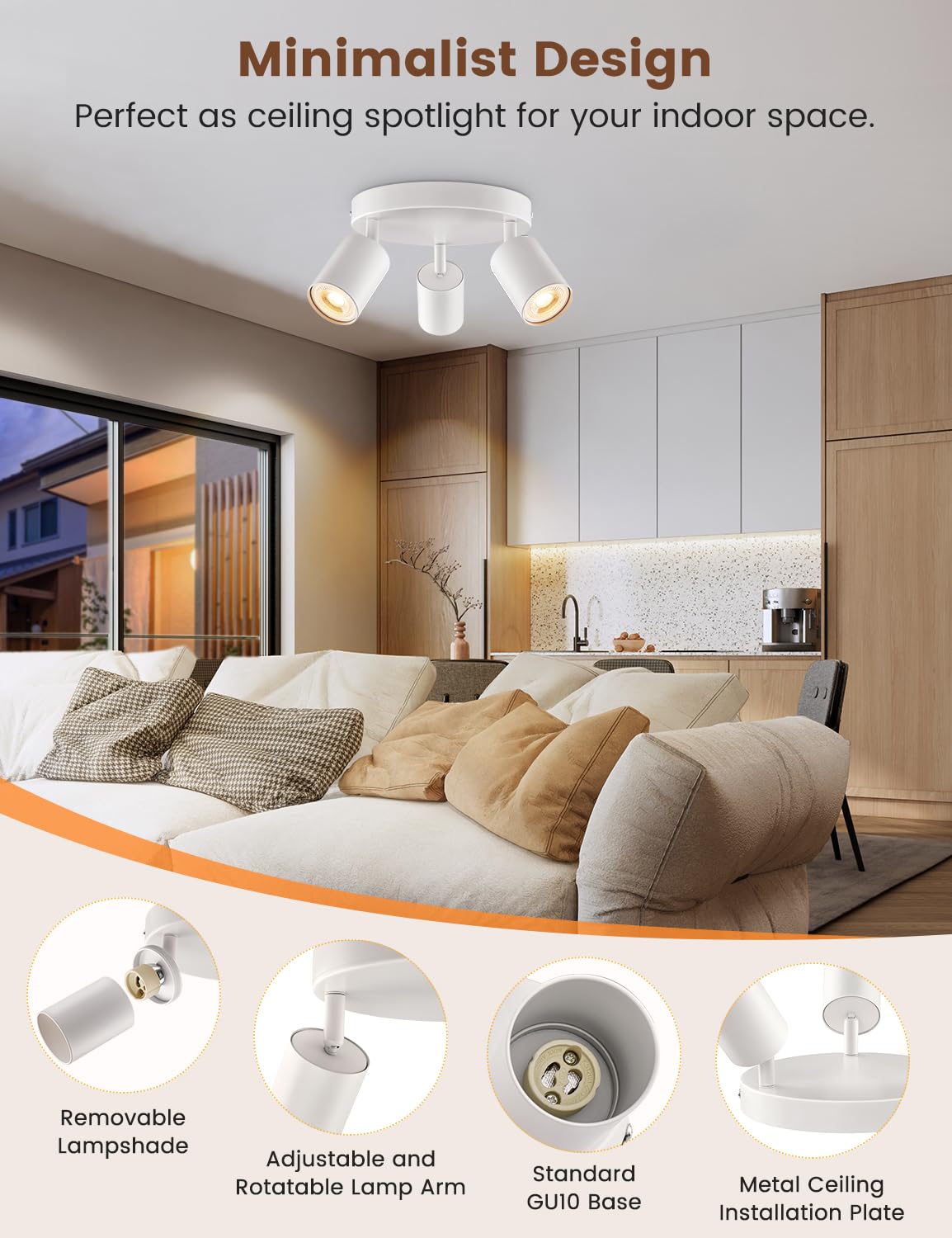 Spotlights Ceiling Lights 3 Way White, GU10 LED Spotlight Rotatable Round, Modern Metal Ceiling Spot Light Fitting - Image 4