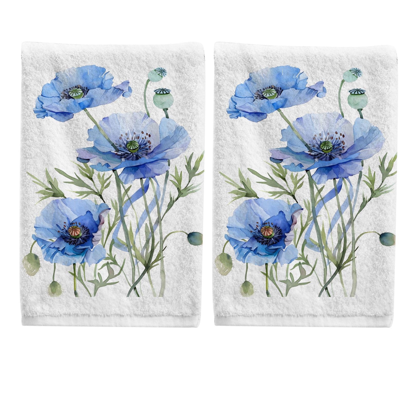 ALAZA Hand Towel Set of 2 100% Cotton Bath Towels Watercolor Blue Poppy Bouquet for Bathroom Housewarming Decor Gifts