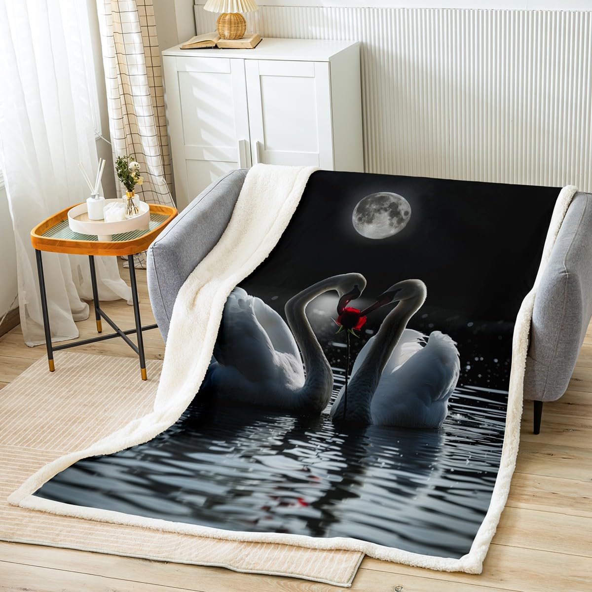 Erosebridal White Swan Blanket Red Rose Flower Throw Blanket Twin,Romantic Floral Fleece Blanket Birds Animal Sherpa Blanket Boho Moon Print Fuzzy Blanket for Boys Girls Bedroom Decor
