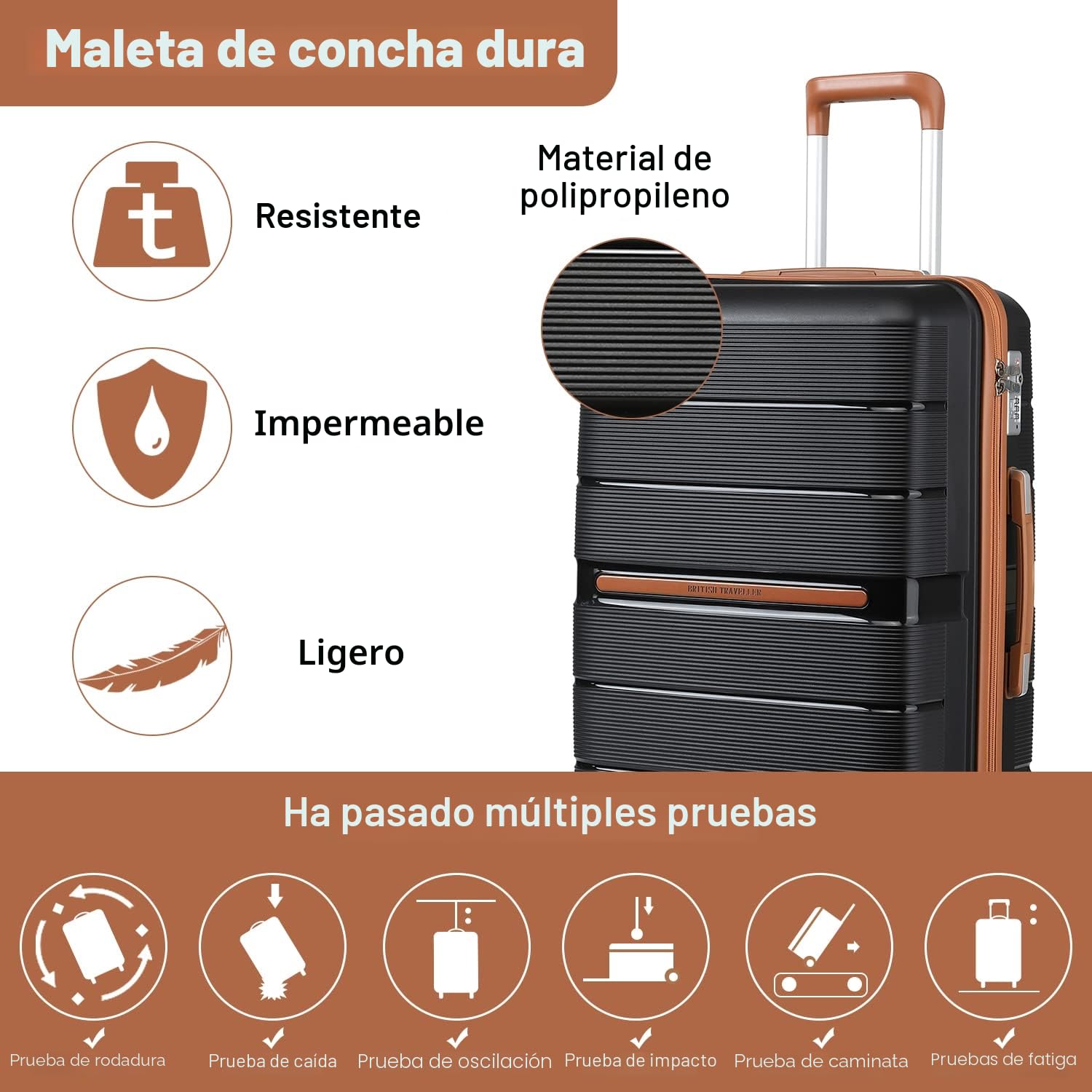 British Traveller Maleta de Viaje Grande con Material PP Maleta de Cabina Rígida Ligera con Cerradura TSA (76cm, Negro)