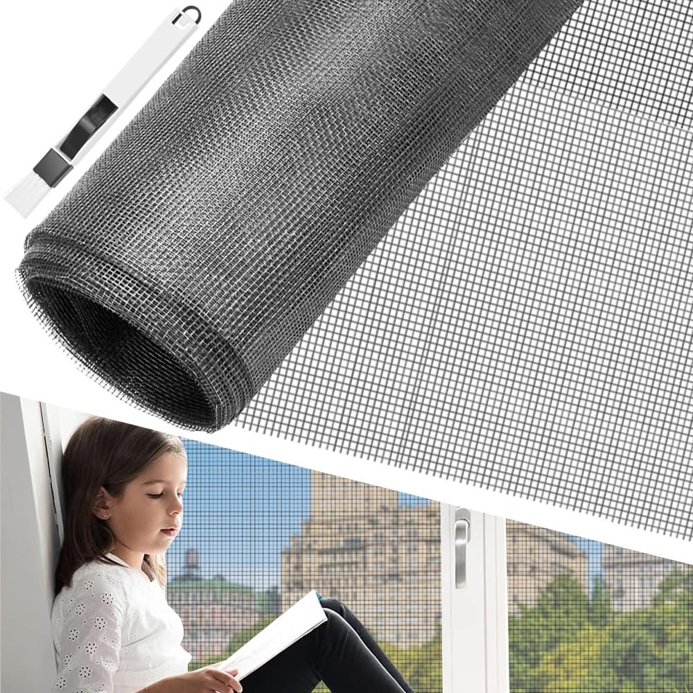 BUZIFU Window Screen Mesh 200 x 200 cm Fiberglass Screen Fly Screen Wire Mesh Insect Mesh Replacement Cuttable Mosquito Net Pet Screen with Cleaning Brush for Windows Doors Patio Cat-Proof