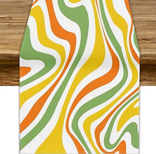 Miniatura 45 de Camino de mesa ondulado de los años 70, retro, hippie abstracto, vintage, verde, rosa, con estampado de ondas para el hogar, cocina, comedor, patio,