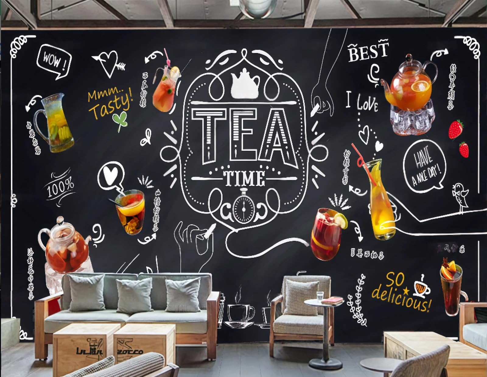 XDOUBAO Wallpaper Hand-Painted Chalk Blackboard Fruit Tea Lounge Bar Dessert Bakery Afternoon Tea Western Restaurant Bar Background Wall Wallpaper Coffee Shop Mural,3D,200x140cm