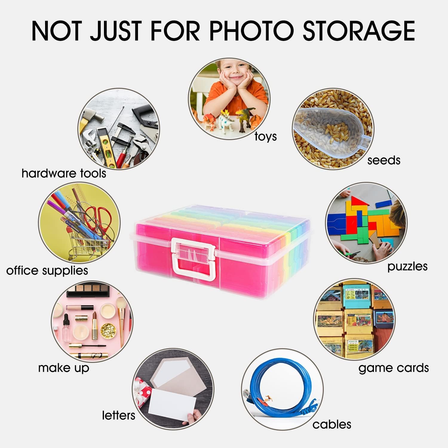 Fotoaufbewahrungsbox mit 16 innere Fotohalter, 17 × 12 cm Fotoetui, Mehrfarbige Durchsichtige Fotoboxen, zur Aufbewahrung von Saatgut Handwerk Karten, Bürobedarf (1×Aufkleber)